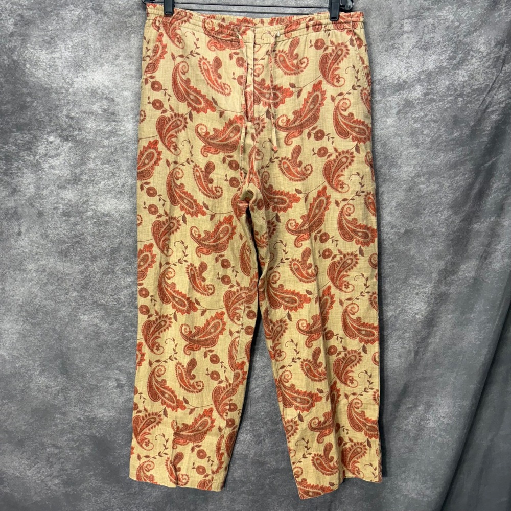 Petite Sophisticate 100% Linen Paisley Print Pants‎ Womens 10 Tan Red Lagenlook